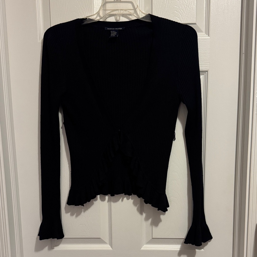 Boston Proper Black Ribbed V-Neck Ruffle-Hem Cardigan
